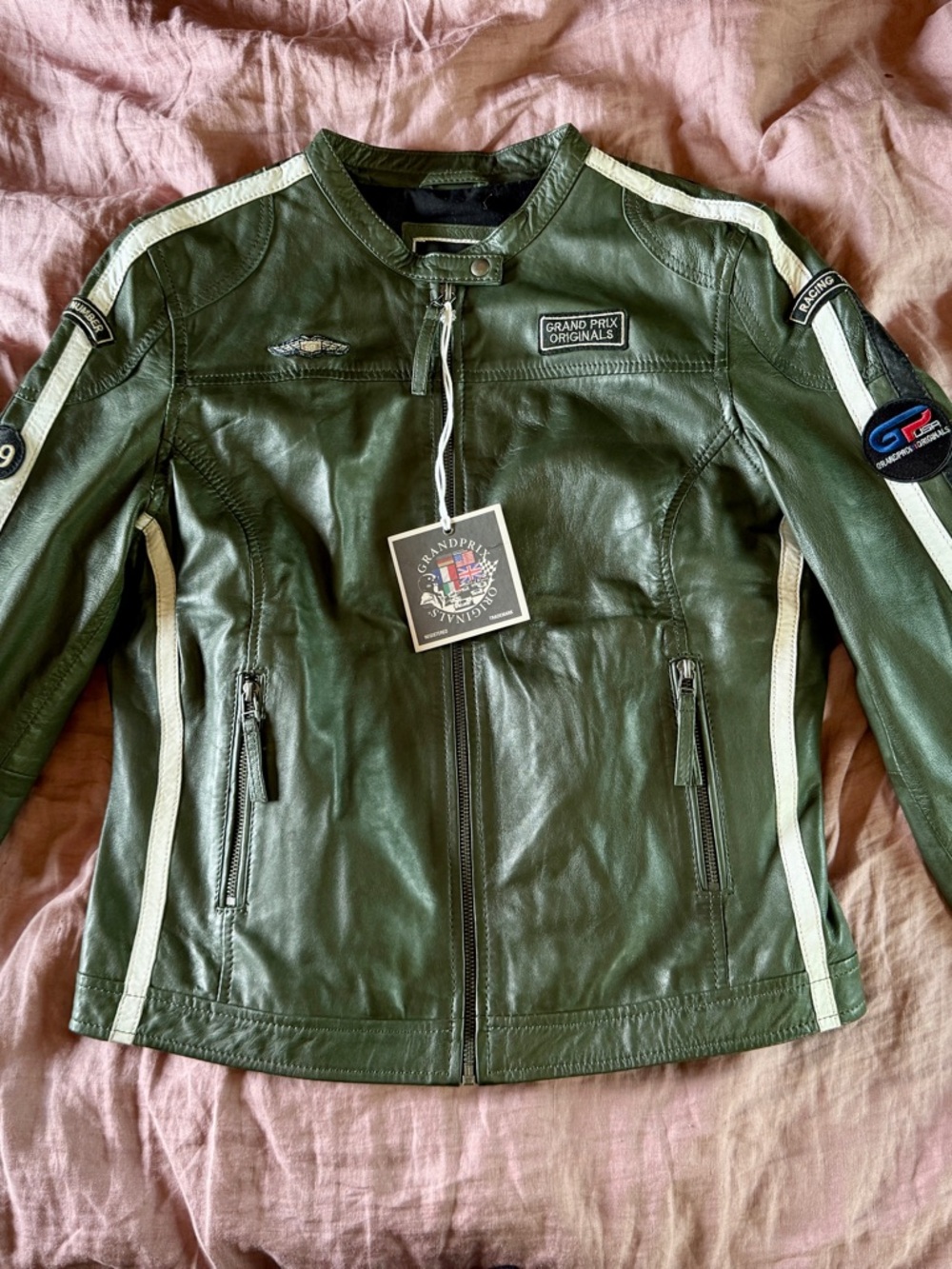 Green Leather Moto Jacket with White Racing Stripes